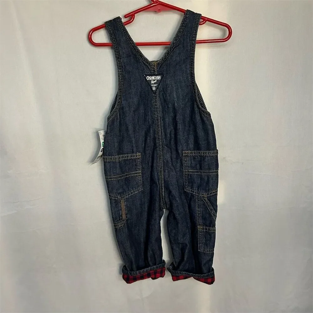 OshKosh B'gosh Baby Unisex Girl Boy Denim Overalls 12M Blue  Red Plaid Lined NWT